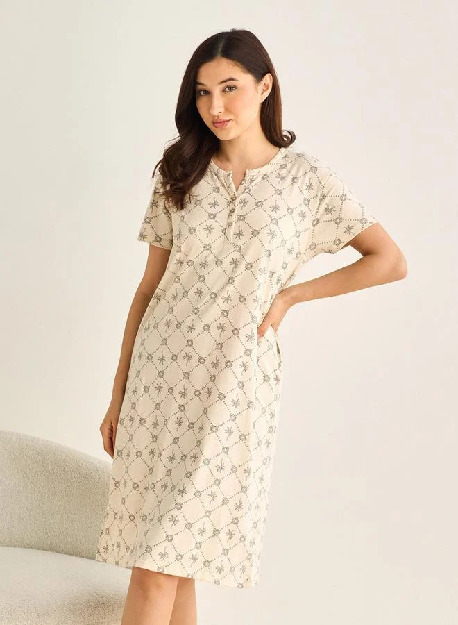 Splash FAV Midi Night Dress Short Sleeves Palm Tree Print Cotton